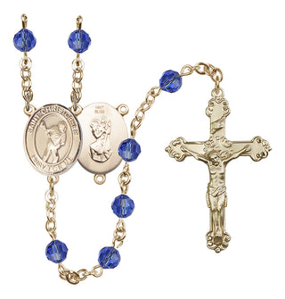 14 Karat Gold 6mm Austrian Crystal Saint Christopher/Lacrosse Rosary in Sapphire