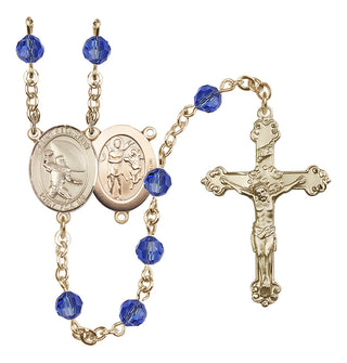 14 Karat Gold 6mm Austrian Crystal Saint Sebastian / Football Rosary in Sapphire