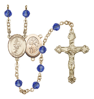 14 Karat Gold 6mm Austrian Crystal Saint Sebastian/Softball Rosary in Sapphire