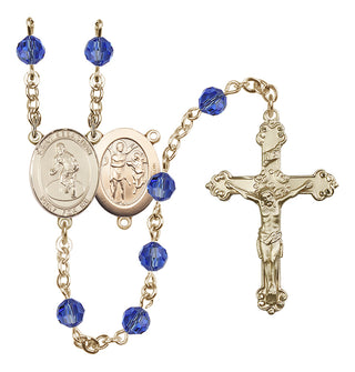 14 Karat Gold 6mm Austrian Crystal Saint Sebastian/Wrestling Rosary in Sapphire