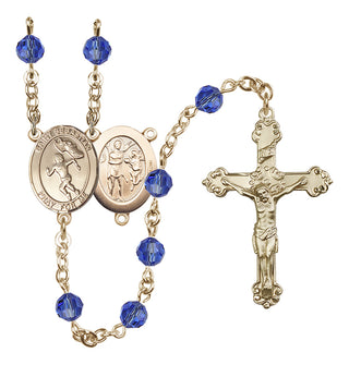 14 Karat Gold 6mm Austrian Crystal Saint Sebastian /Track&Field-Women Rosary in Sapphire