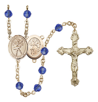 14 Karat Gold 6mm Austrian Crystal Saint Sebastian / Dance Rosary in Sapphire