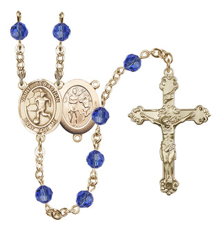 14 Karat Gold 6mm Austrian Crystal Saint Sebastian/Soccer-Women Rosary in Sapphire