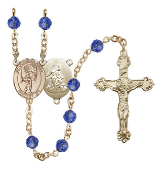 14 Karat Gold 6mm Austrian Crystal Guardian Angel/Baseball Rosary in Sapphire