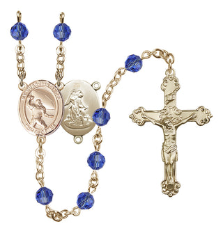 14 Karat Gold 6mm Austrian Crystal Guardian Angel/Football Rosary in Sapphire