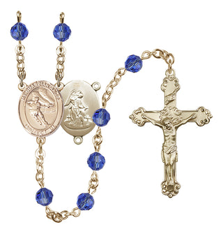 14 Karat Gold 6mm Austrian Crystal Guardian Angel/Hockey Rosary in Sapphire