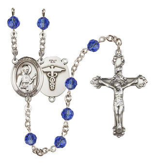 Sterling Silver 6mm Austrian Crystal Saint Camillus of Lellis / Nurse Rosary in Sapphire