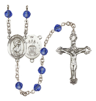 Sterling Silver 6mm Austrian Crystal Saint Christopher / Air Force Rosary in Sapphire