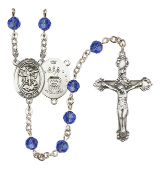 Sterling Silver 6mm Austrian Crystal Saint Michael / Air Force Rosary in Sapphire
