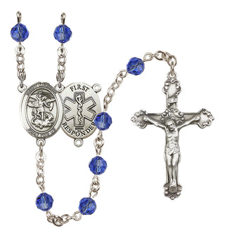 Sterling Silver 6mm Austrian Crystal Saint Michael/1St Responder Rosary in Sapphire