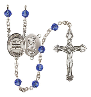 Sterling Silver 6mm Austrian Crystal Saint Christopher/Swimming Rosary in Sapphire