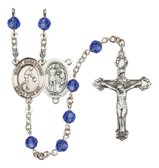 Sterling Silver 6mm Austrian Crystal Saint Sebastian/Basketball Rosary in Sapphire