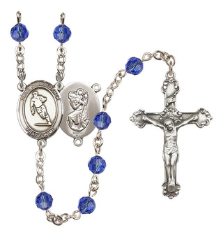 Sterling Silver 6mm Austrian Crystal Saint Christopher / Rugby Rosary in Sapphire