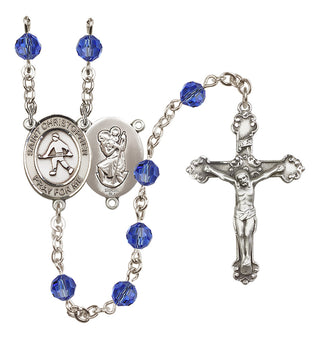 Sterling Silver 6mm Austrian Crystal Saint Christopher / Field Hockey Rosary in Sapphire
