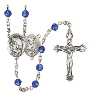Sterling Silver 6mm Austrian Crystal Saint Christopher / Football Rosary in Sapphire