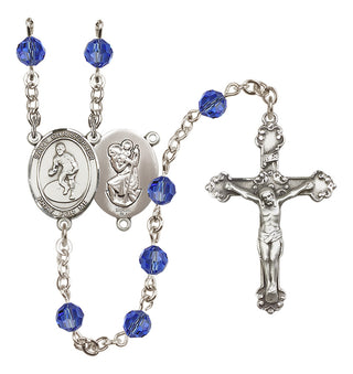 Sterling Silver 6mm Austrian Crystal Saint Christopher/Wrestling Rosary in Sapphire