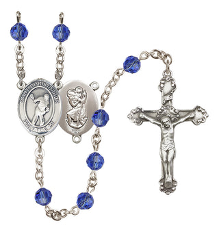 Sterling Silver 6mm Austrian Crystal Saint Christopher/Lacrosse Rosary in Sapphire