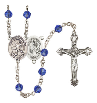 Sterling Silver 6mm Austrian Crystal Saint Sebastian/Soccer-Women Rosary in Sapphire