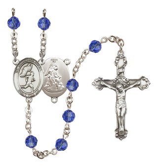 Sterling Silver 6mm Austrian Crystal Guardian Angel/Track&Field-Men Rosary in Sapphire