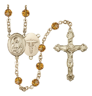 14 Karat Gold-Filled 6mm Austrian Crystal Saint Camillus of Lellis / Nurse Rosary in Topaz