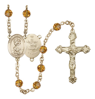 14 Karat Gold-Filled 6mm Austrian Crystal Saint Christopher / Army Rosary in Topaz