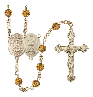 14 Karat Gold-Filled 6mm Austrian Crystal Saint Michael / Air Force Rosary in Topaz