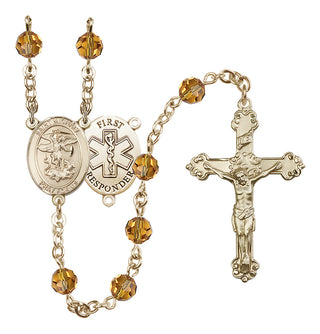 14 Karat Gold-Filled 6mm Austrian Crystal Saint Michael/1St Responder Rosary in Topaz