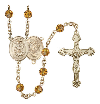 14 Karat Gold-Filled 6mm Austrian Crystal Saint Michael the Archangel/Policeman Rosary in Topaz