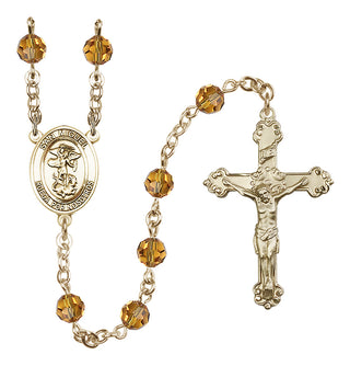 14 Karat Gold-Filled 6mm Austrian Crystal San Miguel Arcangel Rosary in Topaz