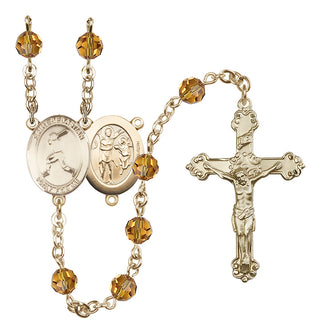 14 Karat Gold-Filled 6mm Austrian Crystal Saint Sebastian/Baseball Rosary in Topaz