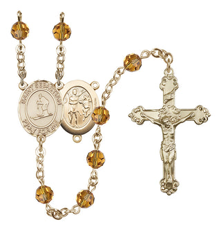 14 Karat Gold-Filled 6mm Austrian Crystal Saint Sebastian/Skiing Rosary in Topaz