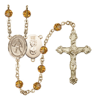 14 Karat Gold-Filled 6mm Austrian Crystal Saint Christopher / Field Hockey Rosary in Topaz