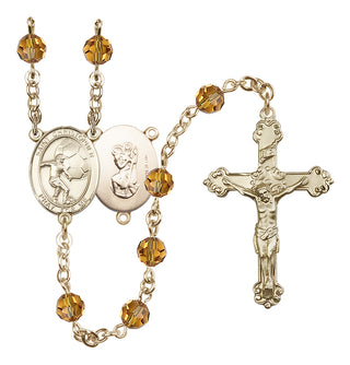 14 Karat Gold-Filled 6mm Austrian Crystal Saint Christopher/Soccer Rosary in Topaz