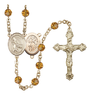 14 Karat Gold-Filled 6mm Austrian Crystal Saint Sebastian / Football Rosary in Topaz