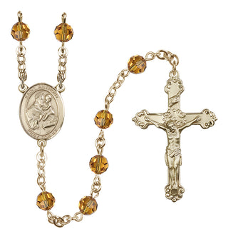 14 Karat Gold 6mm Austrian Crystal Saint Anthony of Padua Rosary in Topaz