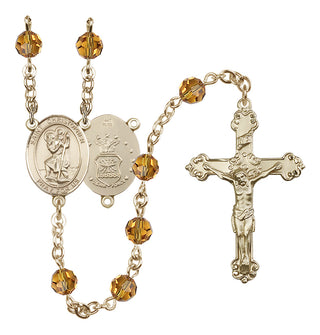 14 Karat Gold 6mm Austrian Crystal Saint Christopher / Air Force Rosary in Topaz