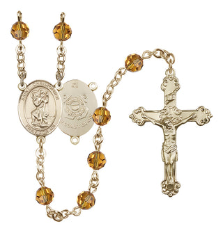 14 Karat Gold 6mm Austrian Crystal Saint Christopher / Coast Guard Rosary in Topaz