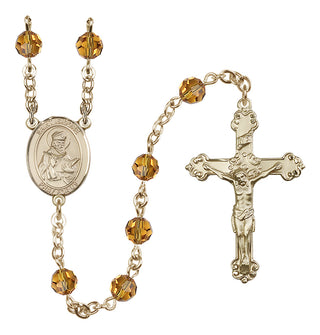 14 Karat Gold 6mm Austrian Crystal Saint Isidore of Seville Rosary in Topaz