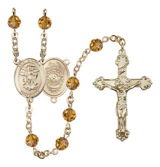 14 Karat Gold 6mm Austrian Crystal Saint Michael the Archangel/Policeman Rosary in Topaz