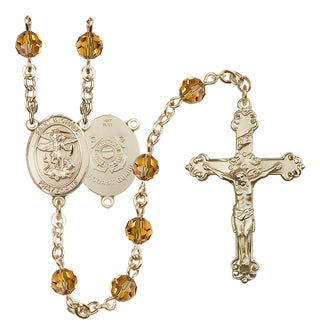 14 Karat Gold 6mm Austrian Crystal Saint Michael / Coast Guard Rosary in Topaz