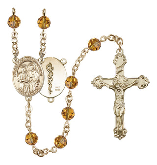 14 Karat Gold 6mm Austrian Crystal Saints Cosmas & Damian / Doctors Rosary in Topaz