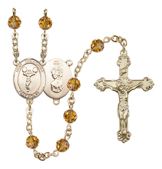 14 Karat Gold 6mm Austrian Crystal Saint Christopher/Cheerleading Rosary in Topaz