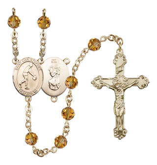 14 Karat Gold 6mm Austrian Crystal Saint Christopher/Basketball Rosary in Topaz