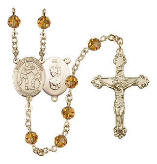 14 Karat Gold 6mm Austrian Crystal Saint Christopher/Wrestling Rosary in Topaz