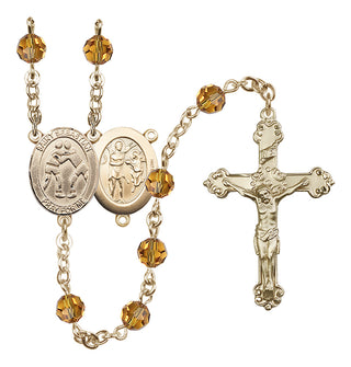 14 Karat Gold 6mm Austrian Crystal Saint Sebastian/Wrestling Rosary in Topaz