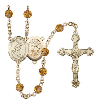 14 Karat Gold 6mm Austrian Crystal Saint Sebastian/Surfing Rosary in Topaz