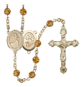 14 Karat Gold 6mm Austrian Crystal Saint Sebastian/Track & Field Rosary in Topaz