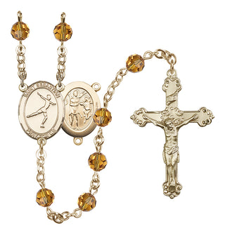 14 Karat Gold 6mm Austrian Crystal Saint Sebastian/Figure Skating Rosary in Topaz