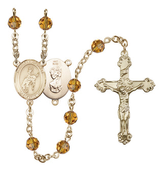 14 Karat Gold 6mm Austrian Crystal Saint Christopher / Rodeo Rosary in Topaz