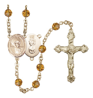 14 Karat Gold 6mm Austrian Crystal Saint Christopher/Water Polo Men Rosary in Topaz